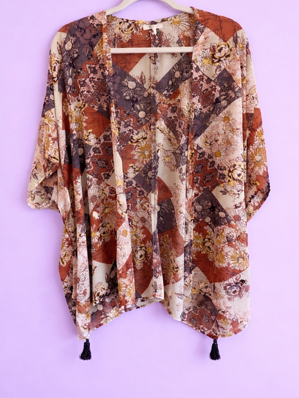 Maurices Floral Patchwork Kimono in Rust, Cream, Brown